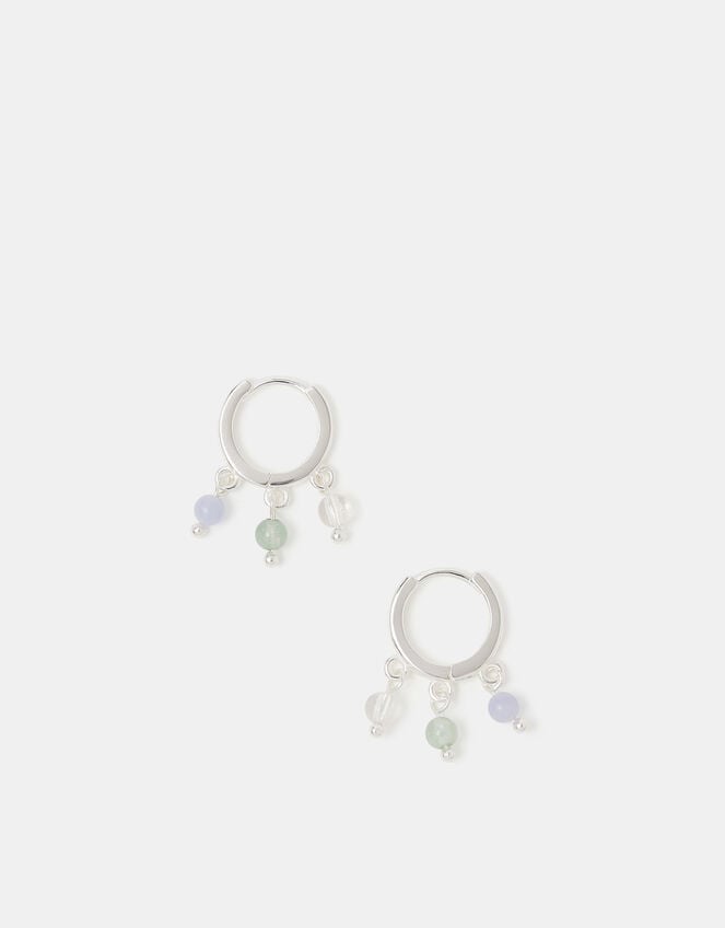 Sterling Silver Beaded Drop Huggie Hoop Earrings, , large