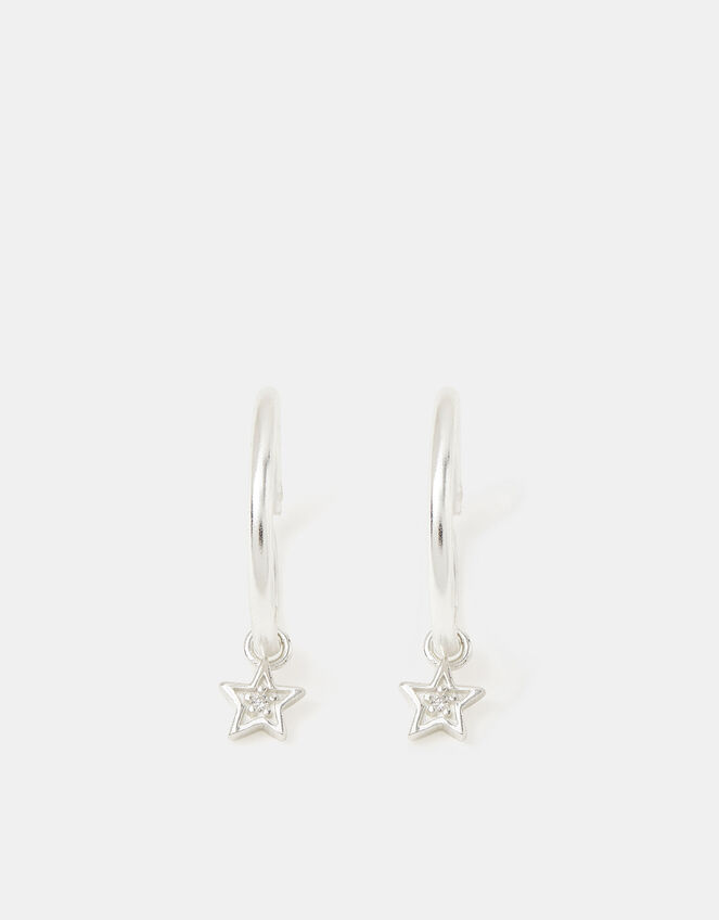 Sterling Silver Star Charm Hoop Earrings, , large