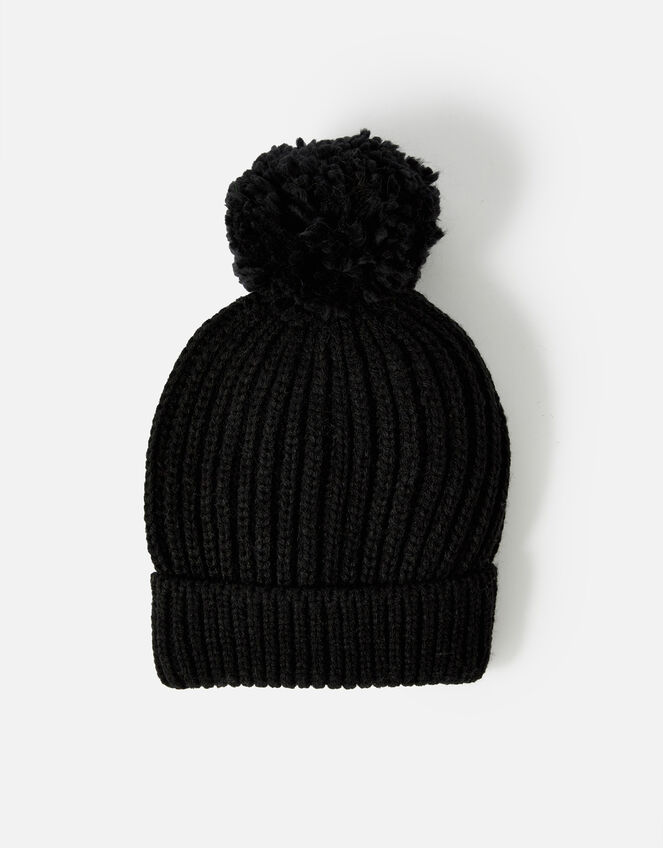 Chunky Knit Pom-Pom Beanie Hat, Black (BLACK), large