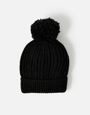 Chunky Knit Pom-Pom Beanie Hat, Black (BLACK), large