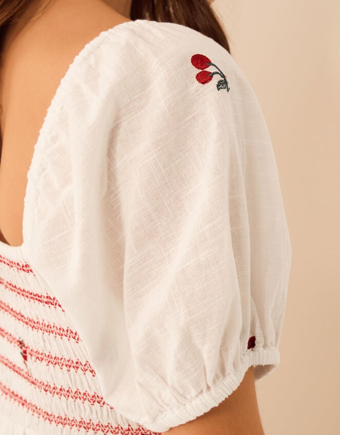 Puff Sleeve Cherry Embroidered Midi Dress, White (WHITE), large