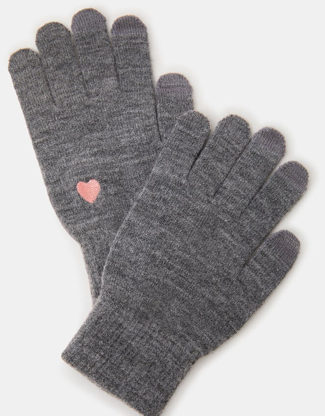 Heart Embroidered Touchscreen Gloves, Grey (GREY), large