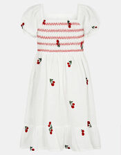 Girls Cherry Embroidered Cotton Dress, White (WHITE), large
