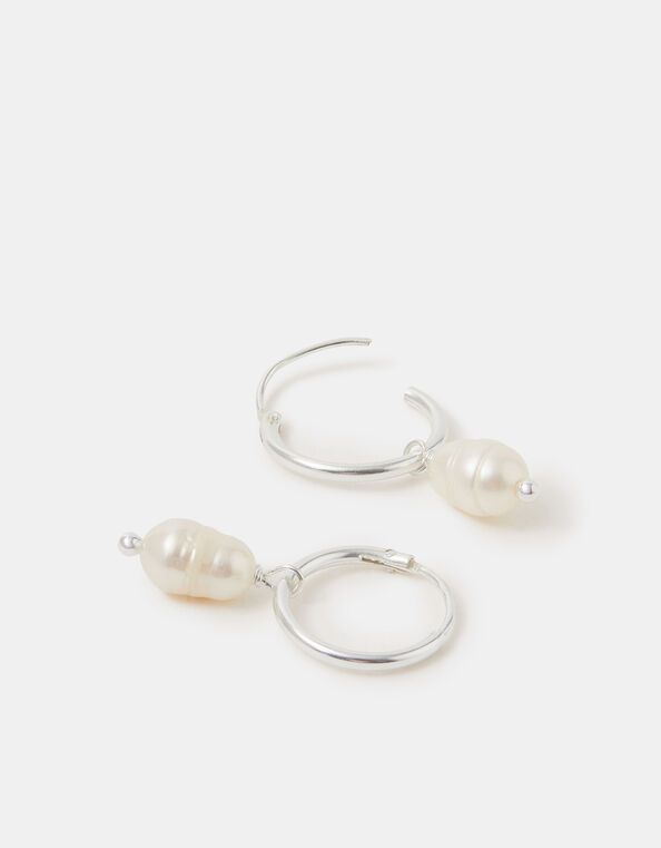 Sterling Silver Pearl Hoop Earrings, , large