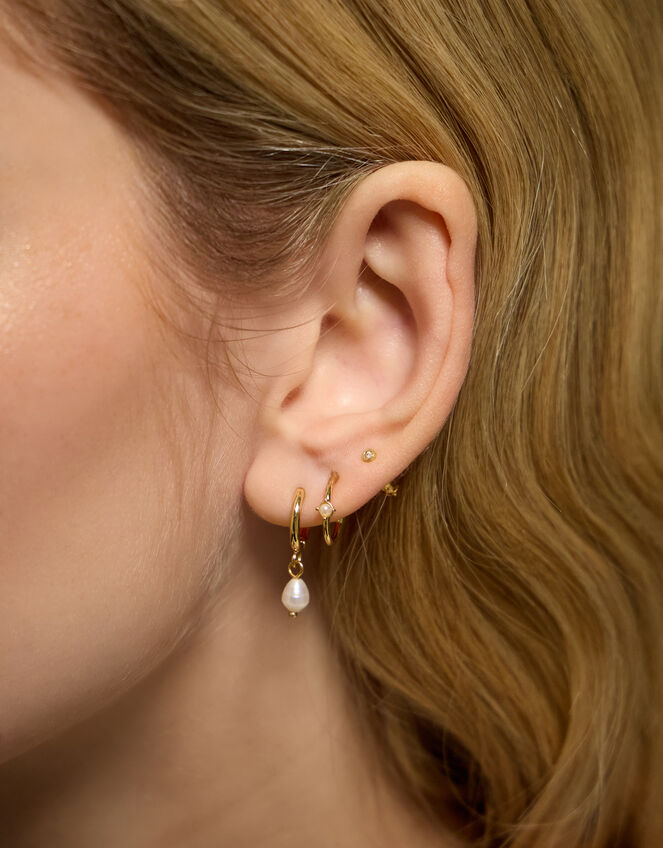 3-Pack 14ct Gold-Plated Pearl and Stud Hoop Earrings, , large