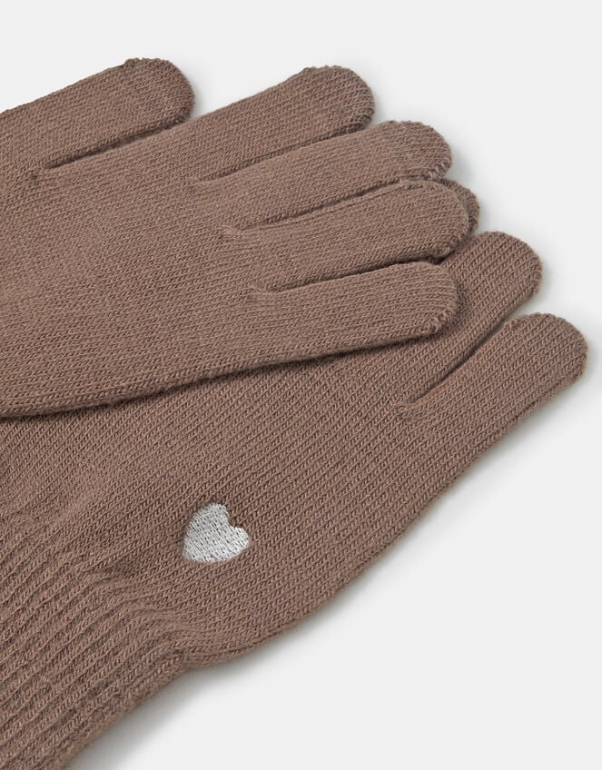 Heart Embroidered Touchscreen Gloves, Mink (MINK), large