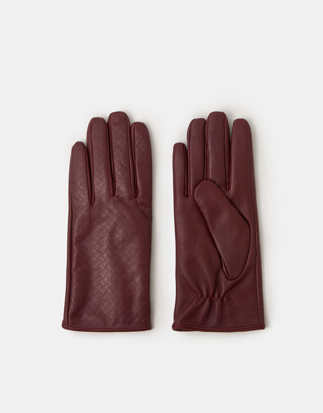 Woven Leather Gloves, Red (BURGUNDY), large