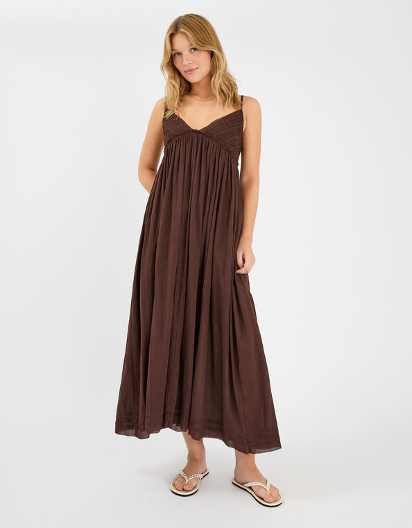Schiffli V-Neck Maxi Dress, Brown (BROWN), large