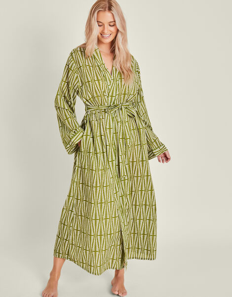 Block Print Cotton Dressing Gown, Green (GREEN), large