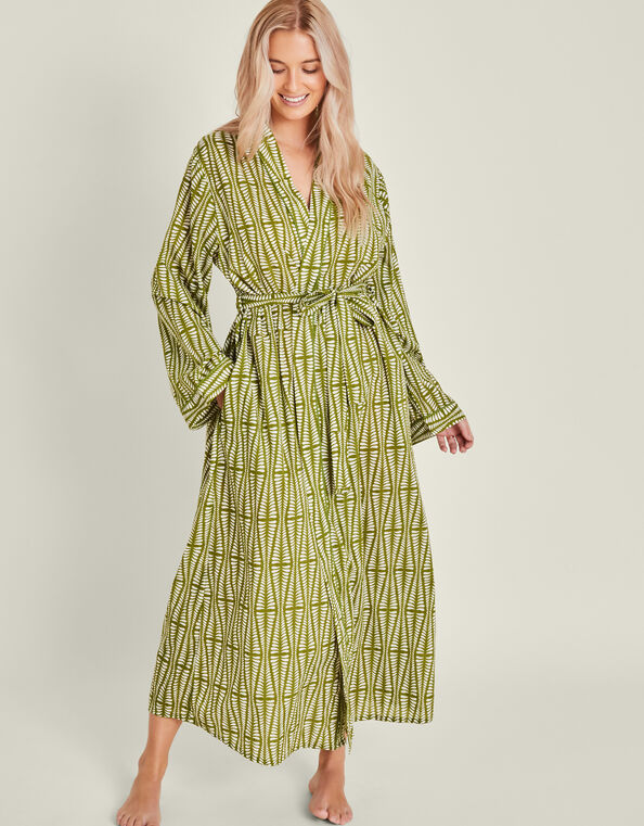 Block Print Cotton Dressing Gown, Green (GREEN), large