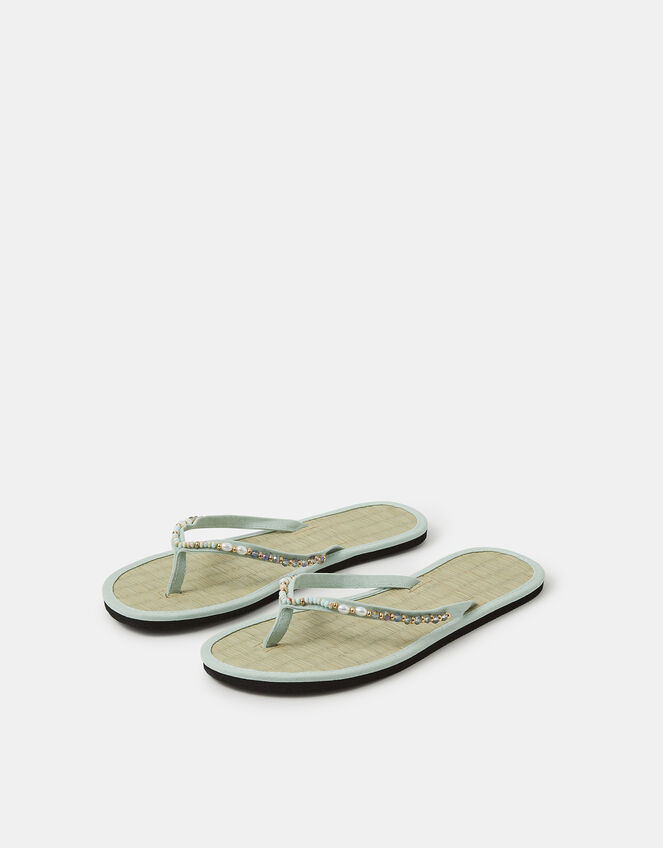 Bead Embellished Seagrass Flip Flops, Green (MINT), large