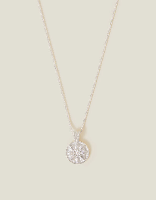 Sterling Silver-Plated Flower Disc Pendant Necklace, , large