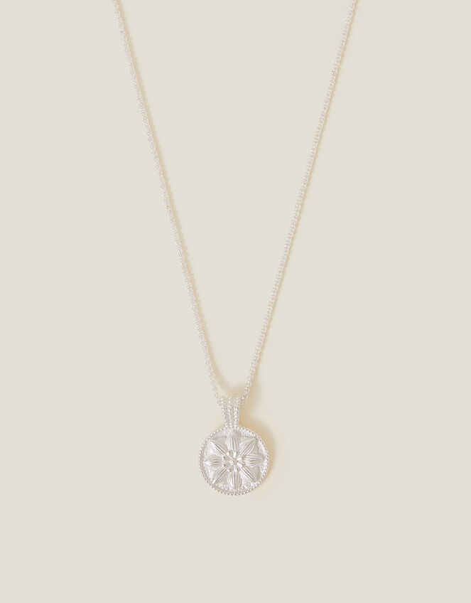 Sterling Silver-Plated Flower Disc Pendant Necklace, , large