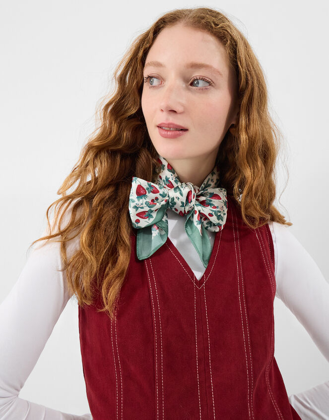 Strawberry Print Square Satin Scarf, , large