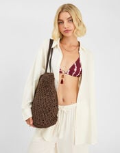 Long Sleeve Stripe Beach Cover Up Shirt, Ivory (IVORY), large