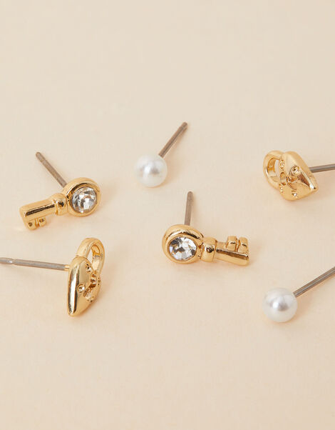 Lock and Key Stud Earrings Set of Three, , large