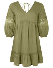 Lace Insert Smock Dress in Organic Cotton, Green (KHAKI), large
