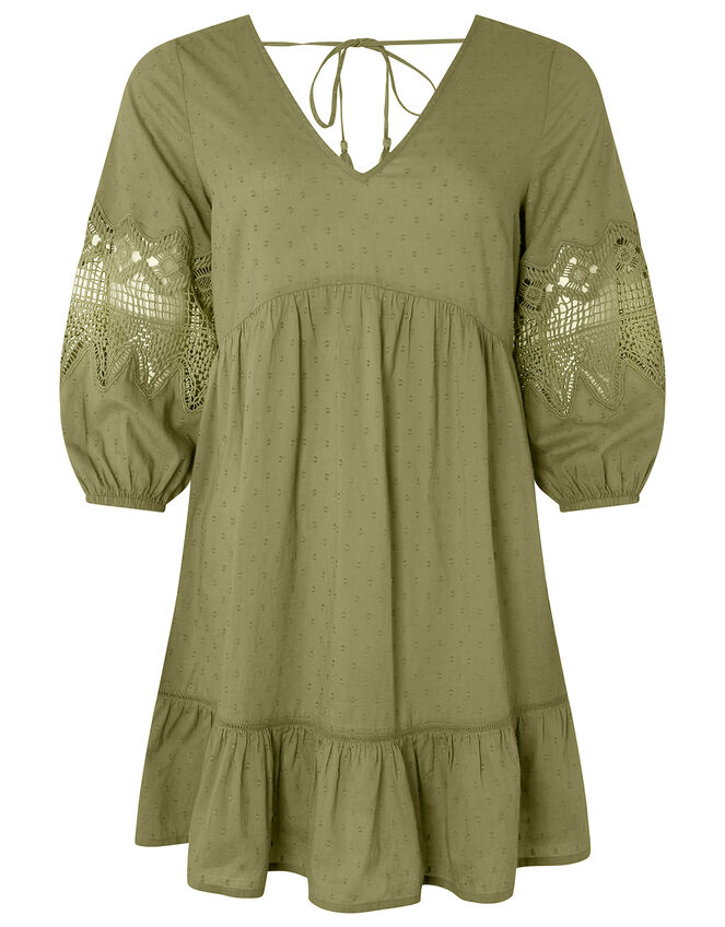 Lace Insert Smock Dress in Organic Cotton, Green (KHAKI), large