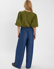 Chambray Wide Leg Trousers, Blue (BLUE), large