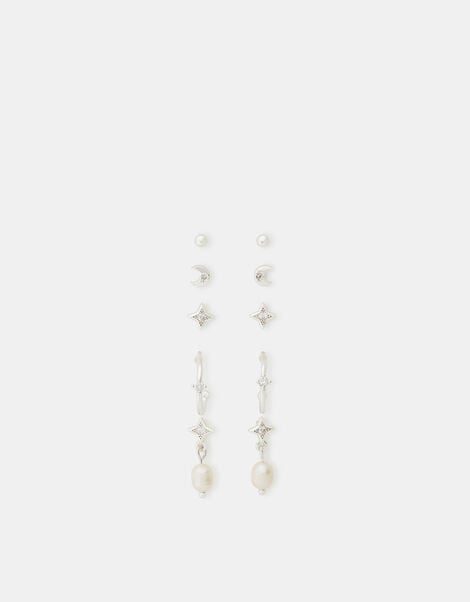5-Pack Sterling Silver-Plated Pearl Stud & Hoop Earrings, , large