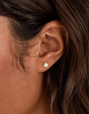 Sterling Silver Square Diamanté Stud Earrings, , large