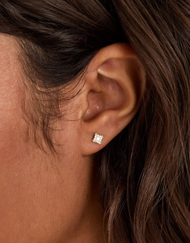 Sterling Silver Square Diamanté Stud Earrings, , large