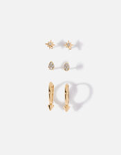 Gold-Plated Sparkle Stud and Hoop Earring Set, , large