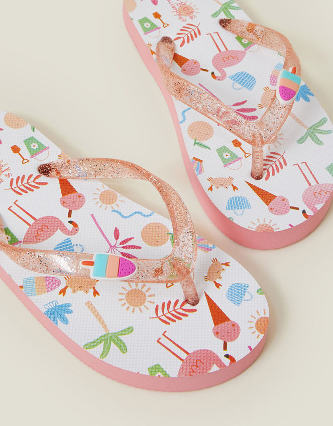 Girls Beach Print Glitter Flip Flops, Multi (BRIGHTS MULTI), large