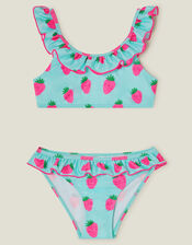 Girls Strawberry Bikini Set, Blue (TURQUOISE), large