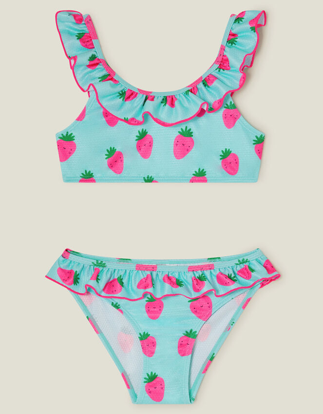Girls Strawberry Bikini Set, Blue (TURQUOISE), large