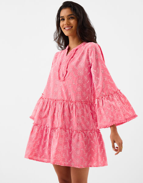 Broderie Flute Sleeve Mini Dress, Pink (PINK), large
