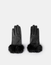 Faux Fur Cuff Leather Gloves, Black (BLACK), large