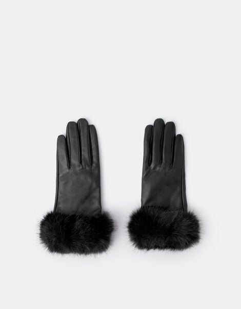 Faux Fur Cuff Leather Gloves, Black (BLACK), large
