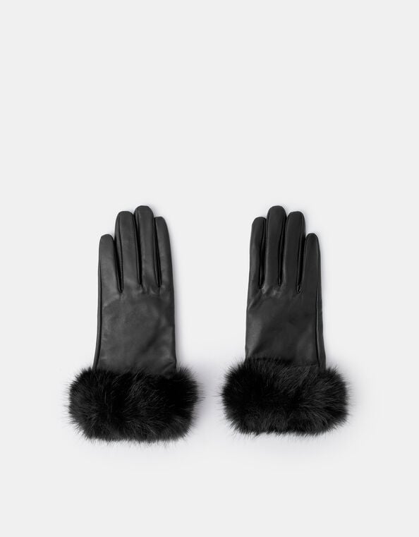 Faux Fur Cuff Leather Gloves, Black (BLACK), large