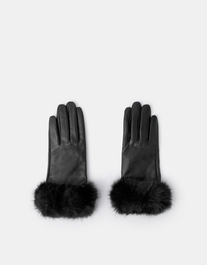 Faux Fur Cuff Leather Gloves, Black (BLACK), large