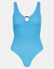 Ring Detail Crinkle Textured Swimsuit, Blue (BLUE), large