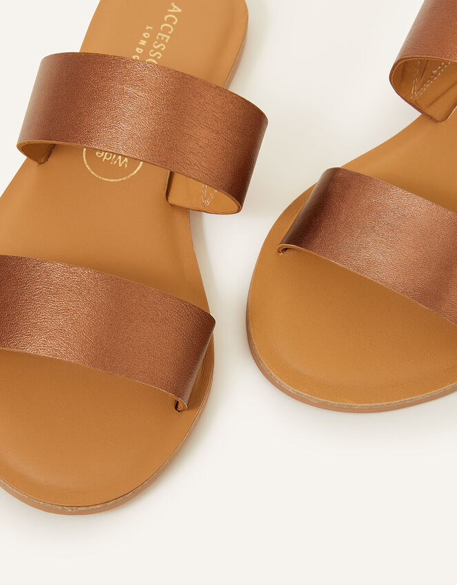 Two Strap Leather Wide Fit Sliders , Bronze (BRONZE), large