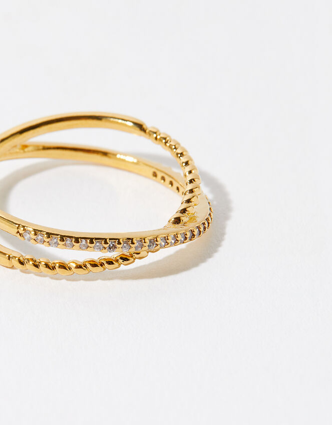 Gold-Plated Pave Cross-Over Ring, Gold (GOLD), large