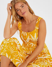 Palm Print Sleeveless Midi Dress, Yellow (YELLOW), large