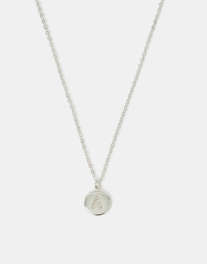 Sterling Silver-Plated Diamante Initial Round Pendant Necklace, Silver (ST SILVER), large
