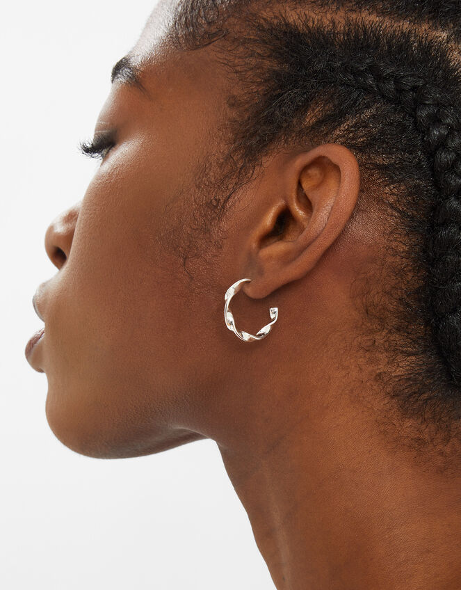Sterling Silver-Plated Twist Hoop Earrings, , large