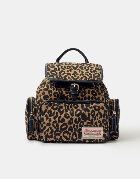 Leopard Print Multi Pocket Backpack, , large