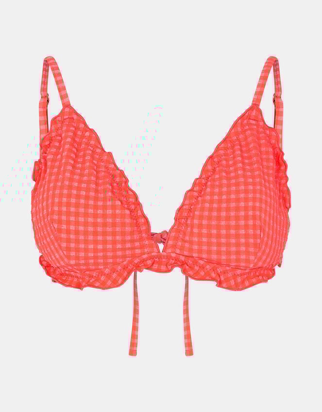 Frilly Seersucker Triangle Bikini Top, Orange (CORAL), large