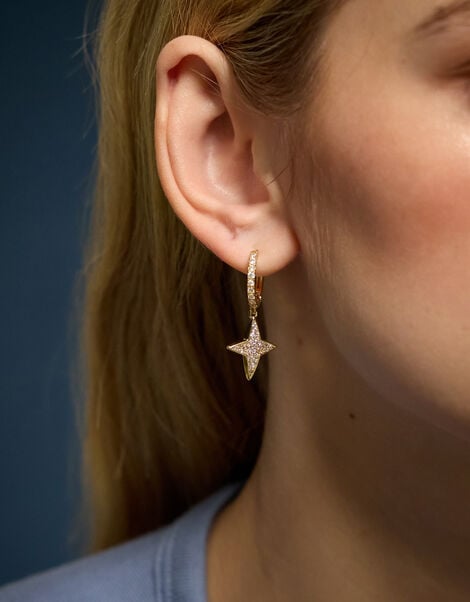 14ct Gold-Plated Diamant&eacute; Star Charm Hoop Earrings, , large