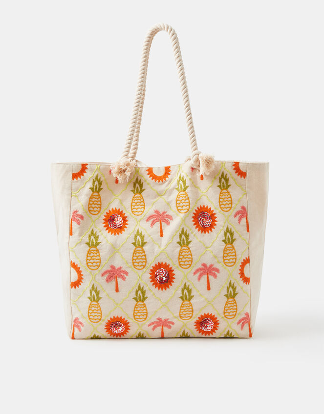 Pineapple Embroidered Beach Bag, , large