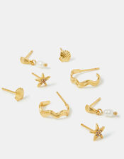 4-Pack 14ct Gold-Plated Shell Pearl Stud & Hoop Earrings, , large