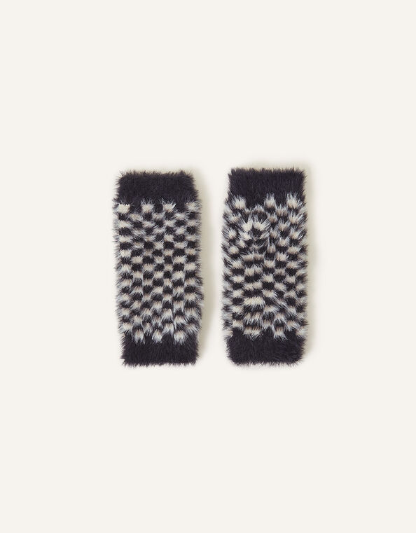 Checkerboard Fluffy Fingerless Gloves, , large