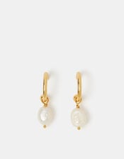 14ct Gold-Plated Pearl Drop Hoop Earrings, , large