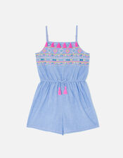 Girls Chambray Embroidered Playsuit, Multi (BRIGHTS-MULTI), large