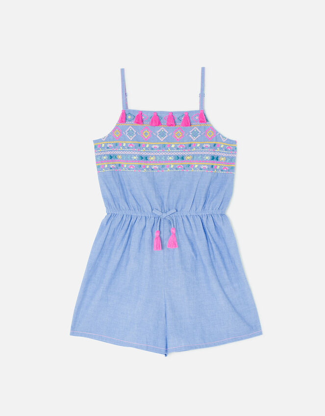 Girls Chambray Embroidered Playsuit, Multi (BRIGHTS-MULTI), large